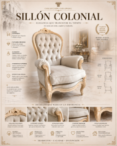 Sillón colonial tapizado en lino capitone lustrado en poliuretano