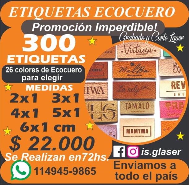 Etiquetas Ecocuero personalizadas grabado y corte laser