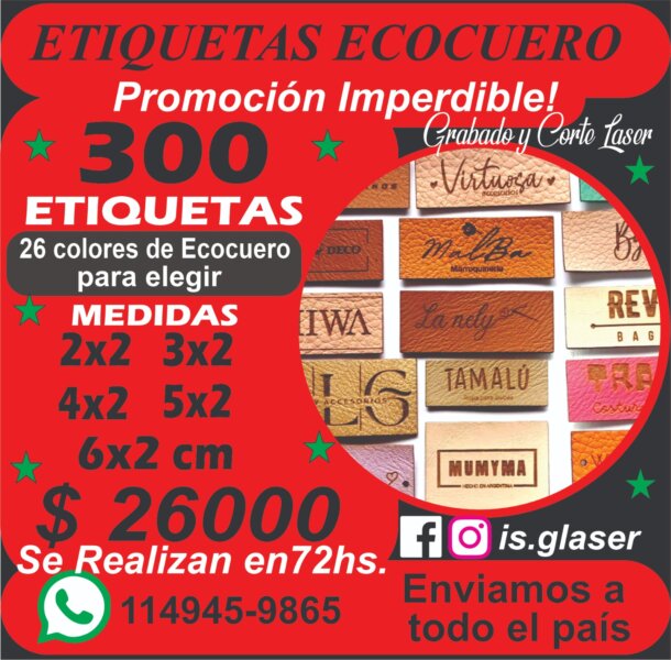 Etiquetas Ecocuero personalizadas grabado y corte laser