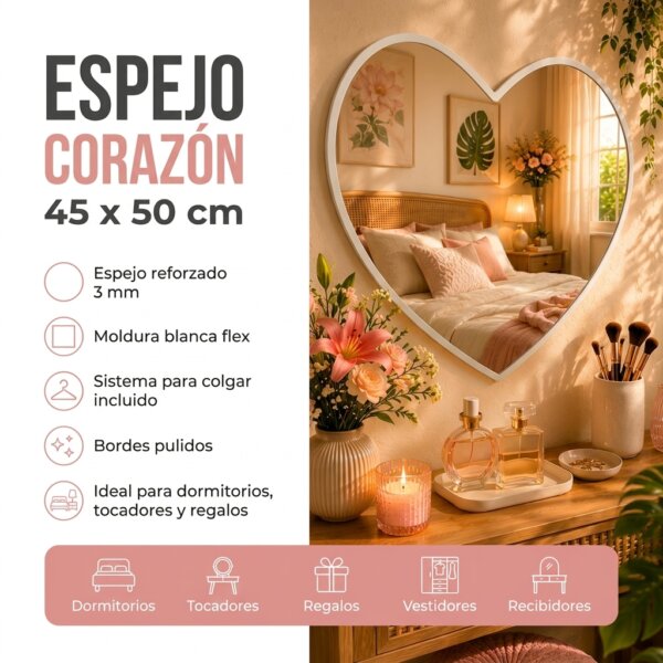 Espejo Corazón 55x45 Cm Decorativo Marco Blanco Para Pared