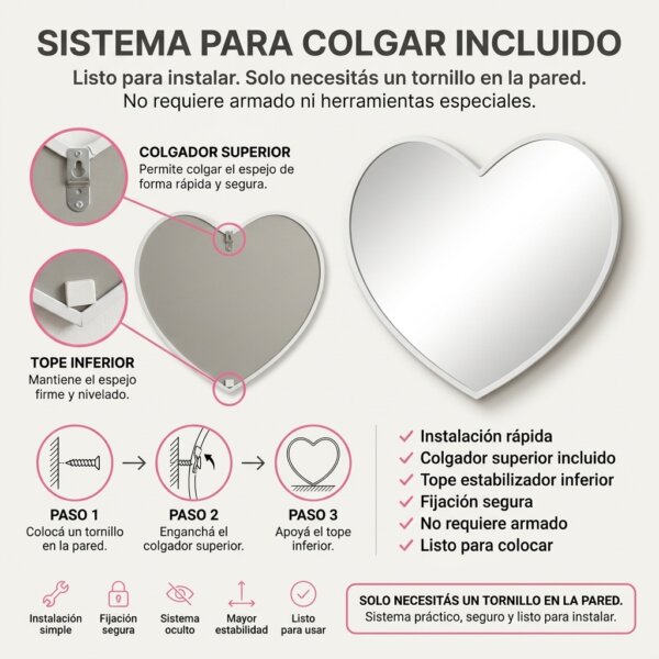 Espejo Corazón 55x45 Cm Decorativo Marco Blanco Para Pared